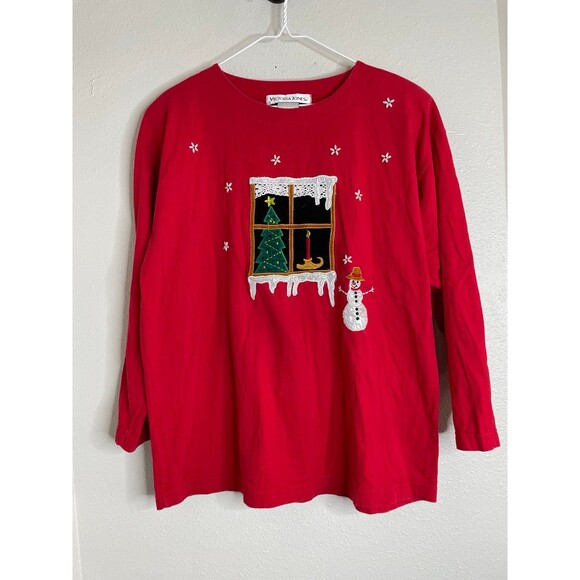 Victoria Jones Woman Tops - Vintage Christmas Embroidered Top XL • Cute Snowman Holiday Red Long Sleeve